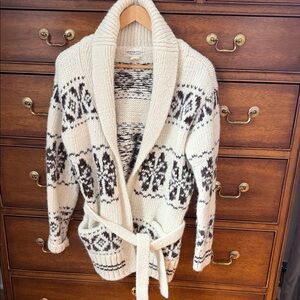 Cozy Cream and Black Patterned  men’s cardigan Sweater with the front tie.